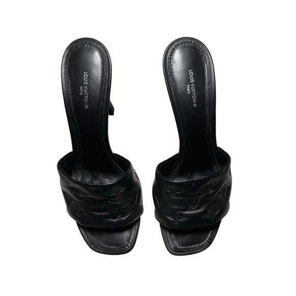 LOUIS VUITTON Revival Black Lambskin Embossed Monogram Heels Slides Mules 39 - Picture 3 of 8
